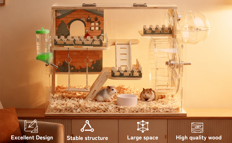 Gaiola de Madeira para Hamsters, Habitat com Visão de 270° com Painéis Acrílicos, Gaiola Bem Ventilada para Animais Pequenos, Gerbilos, Ratos, Porquinhos-da-índia, Ratos