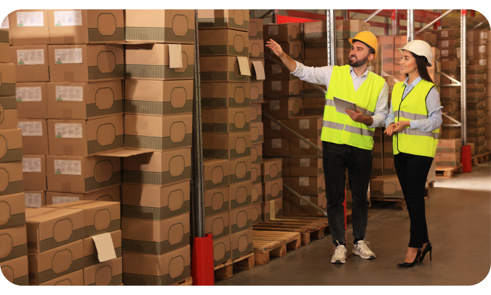 Personal en almacén organizando cajas